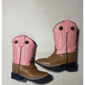 OLD WEST Brown Pink Leather Square Toe Cowboy Boots Youth Girls Size 5-6